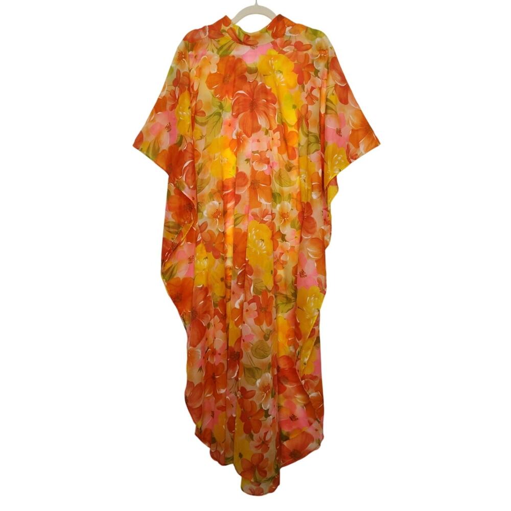 Vintage 70s Kaftan Sheer Boho Hippie House Dress Floral Flowers Groovy